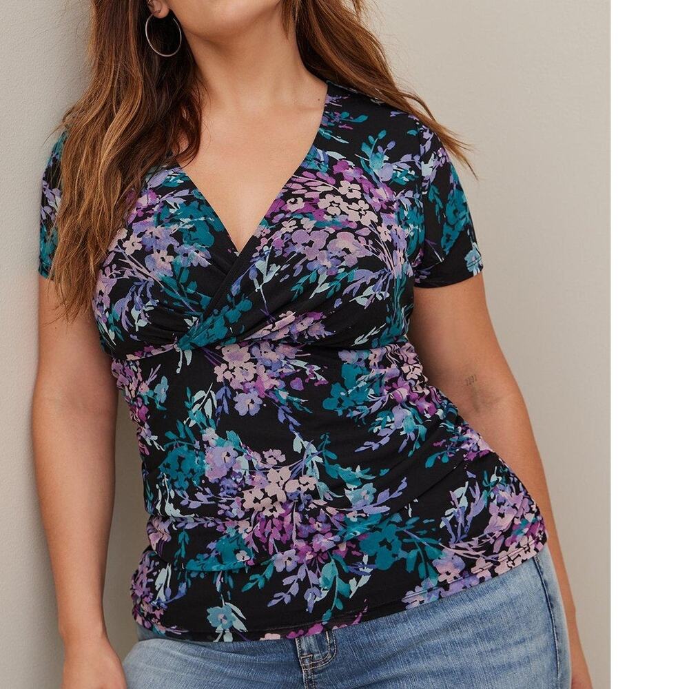 Torrid Black Floral Stretch Mesh Shirred Top Women's Size 5X Faux Wrap Surplice